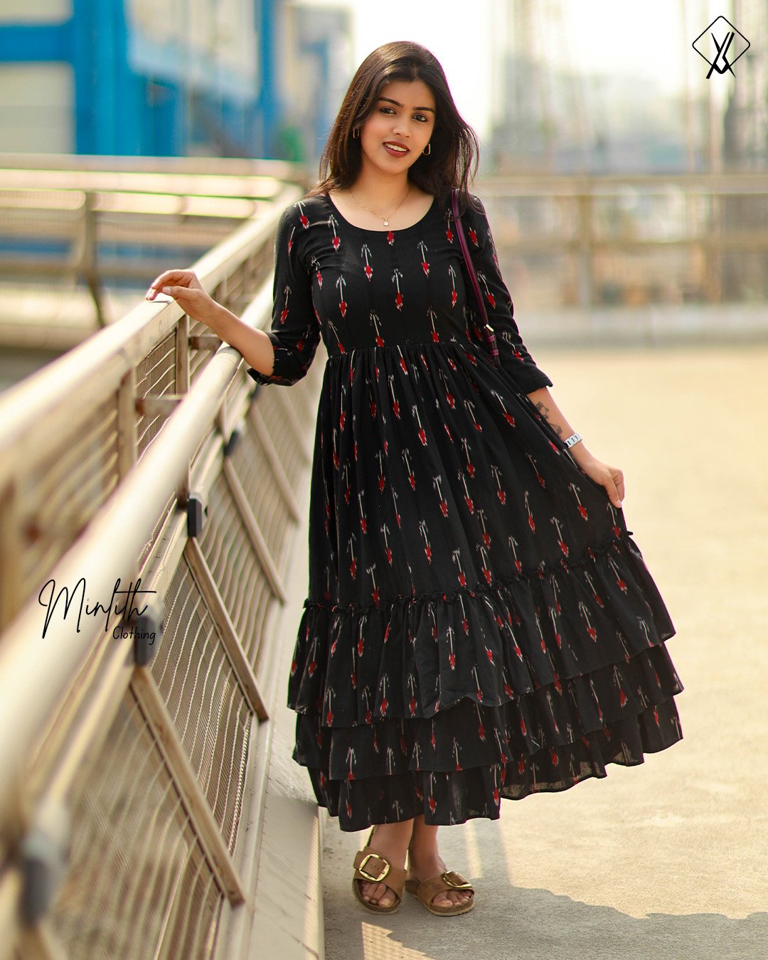 Luffy- Cotton ikkat black tiered elegant dress