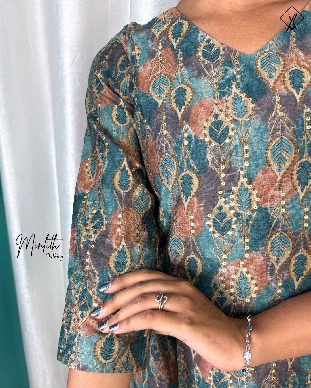 CIMA - Peacock Bloom Gathered Hem Dress (Teal with rustic orange) - Image 2