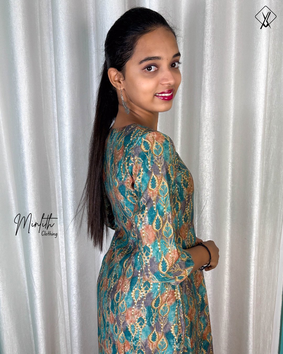 CIMA - Peacock Bloom Gathered Hem Dress (Teal with rustic orange) - Image 3