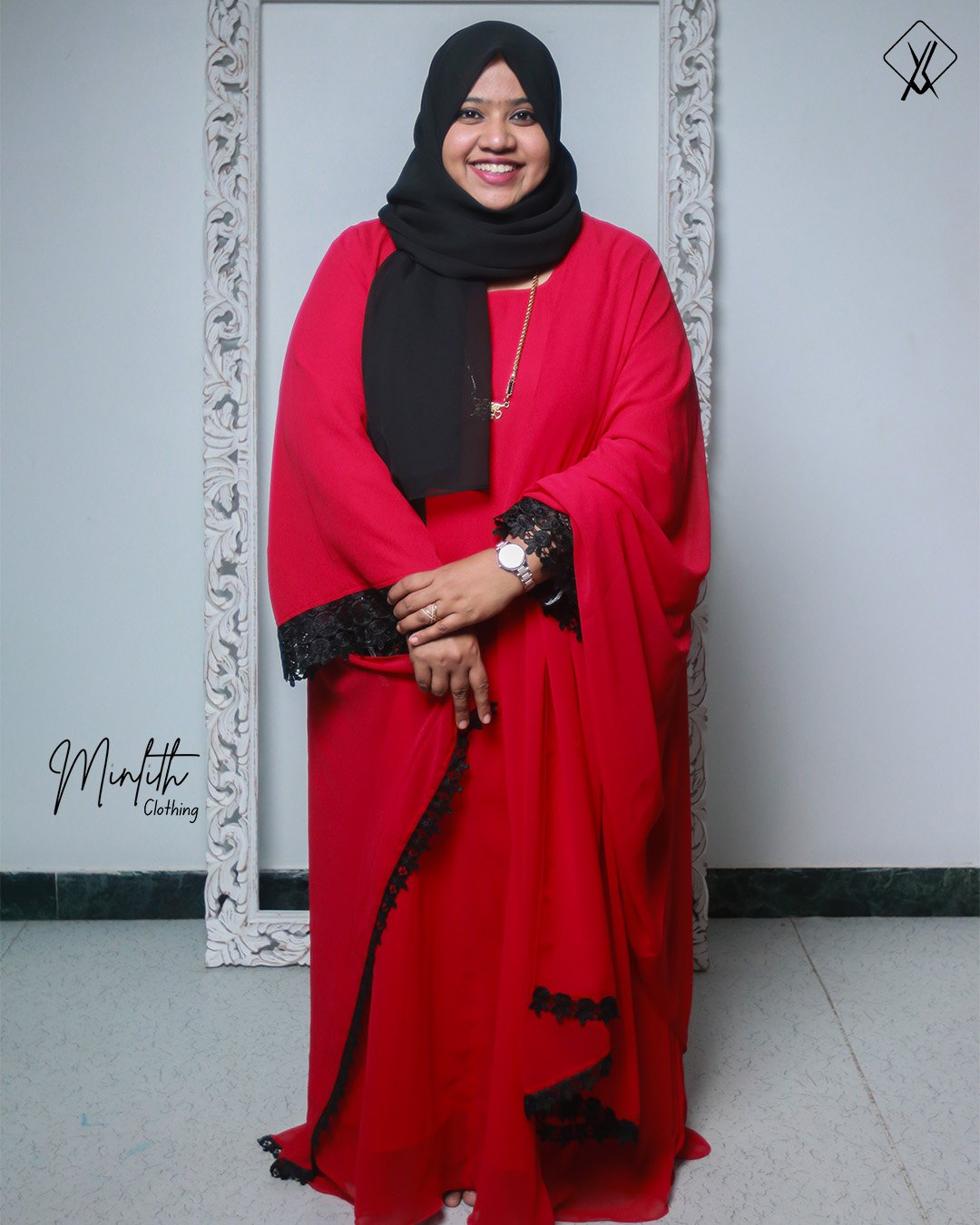 Mirza: Georgette Panel Anarkali with Lace & Shawl (Magenta) - Image 2