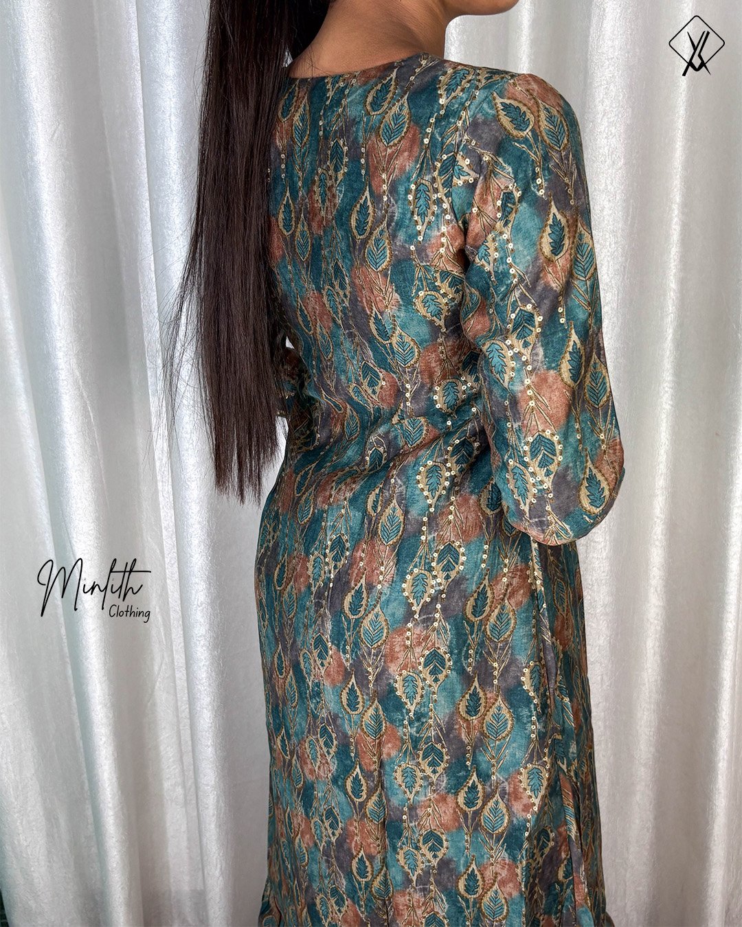 CIMA - Peacock Bloom Gathered Hem Dress (Teal with rustic orange) - Image 4