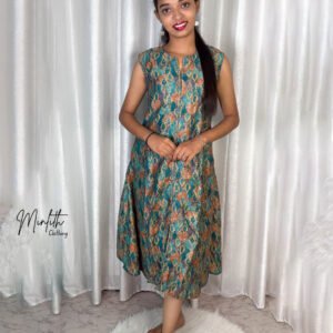 Ella - Peacock Bloom Sleeveless Flared Dress (teal with rustic orange)