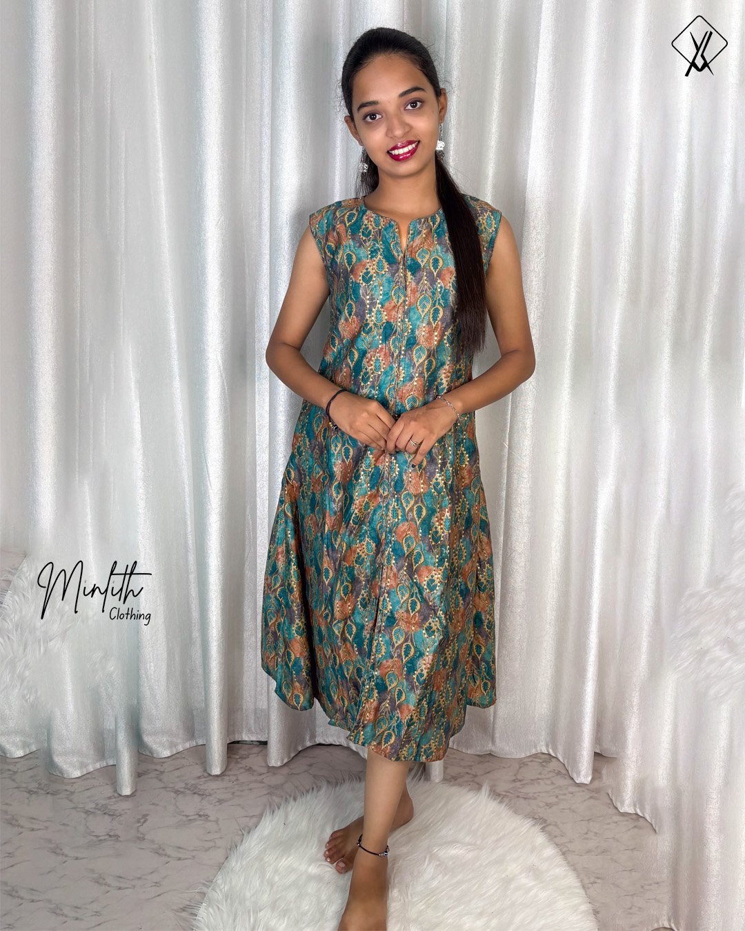 Ella - Peacock Bloom Sleeveless Flared Dress (teal with rustic orange)