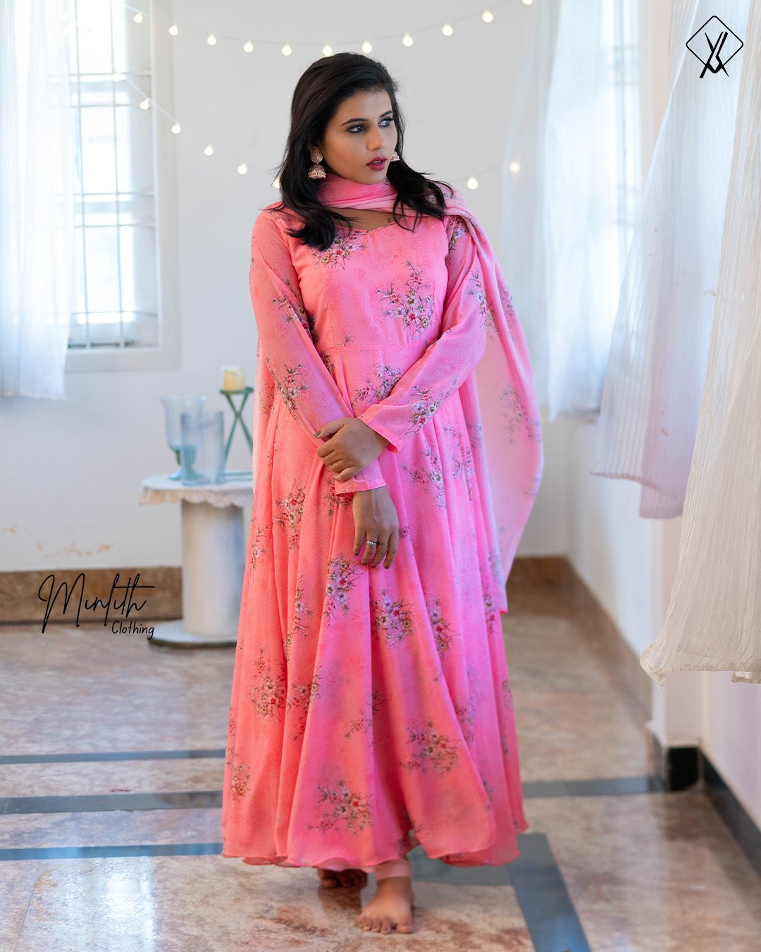 AYLA- Floral Georgette Anarkali with Shawl (Flamingo pink) - Image 2