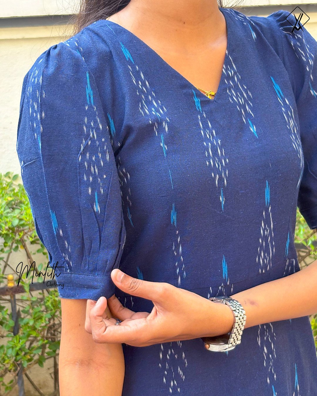 LINA – A-Line Cotton Ikat Dress (Navy Blue) - Image 3