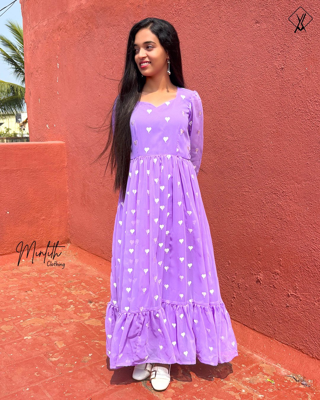 Alfiya- Heart Georgette Gathered Dress (Lilac)
