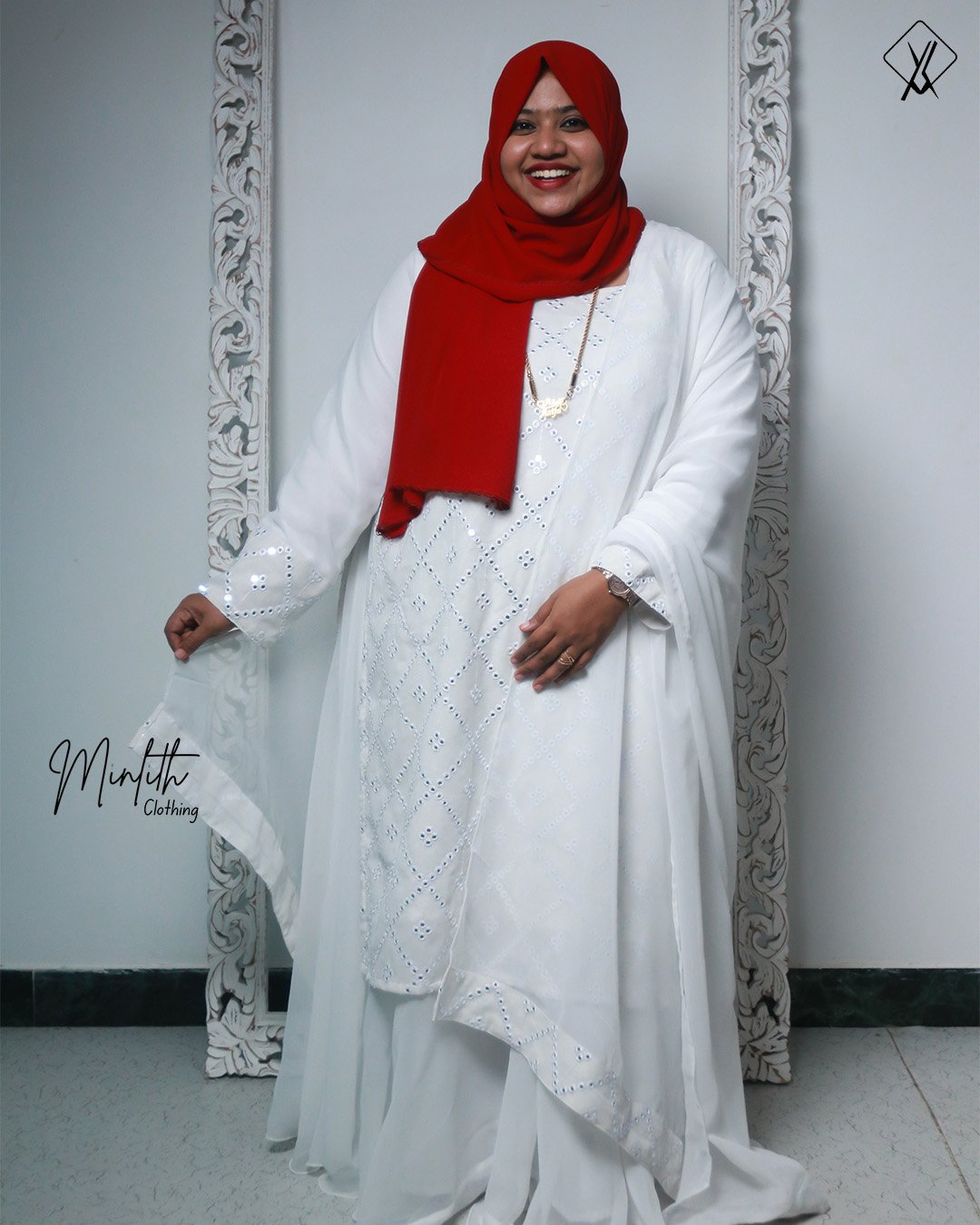 HAFSA – Mirror Work Georgette Skirt Set (White) - Image 3