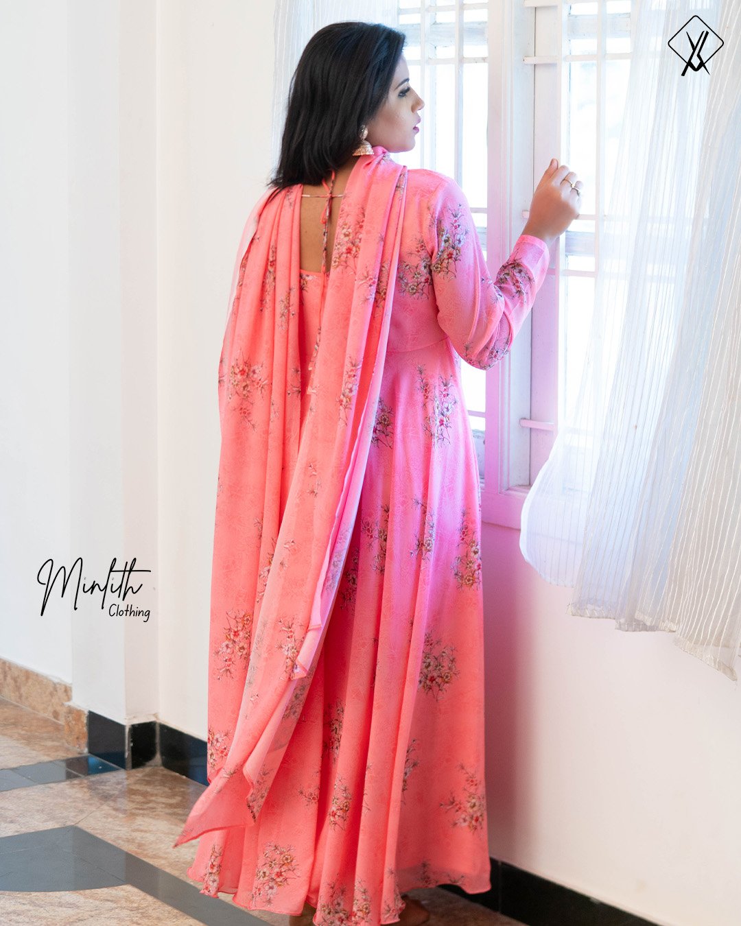 AYLA- Floral Georgette Anarkali with Shawl (Flamingo pink) - Image 3
