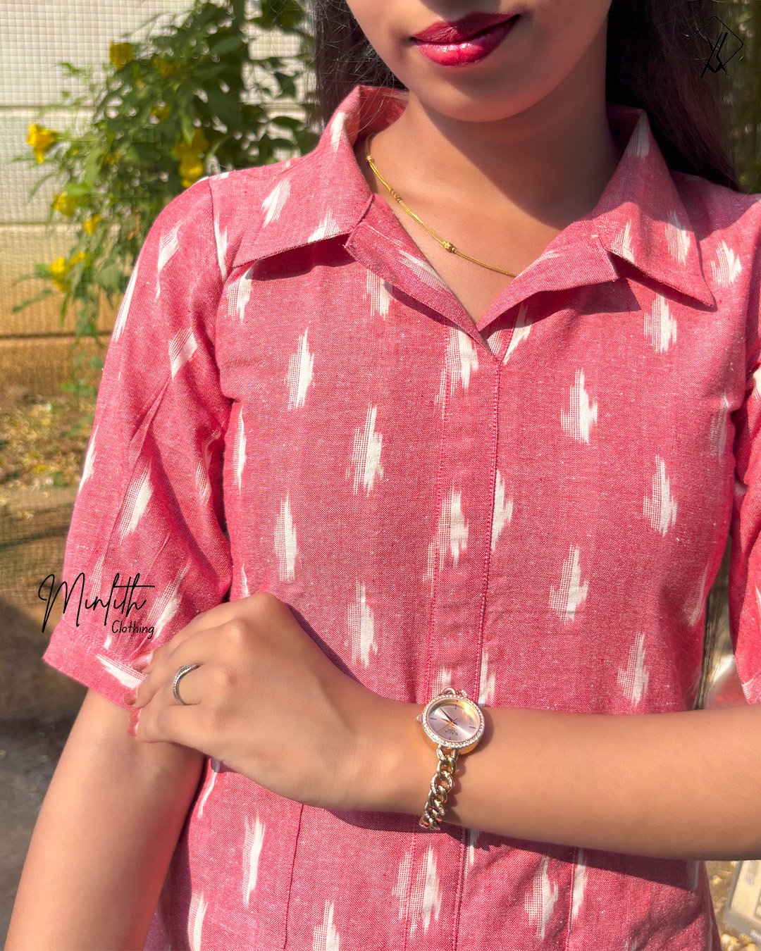 MINA – ‘A-Line’ Ikat Collar Dress (Peachy Pink) - Image 3