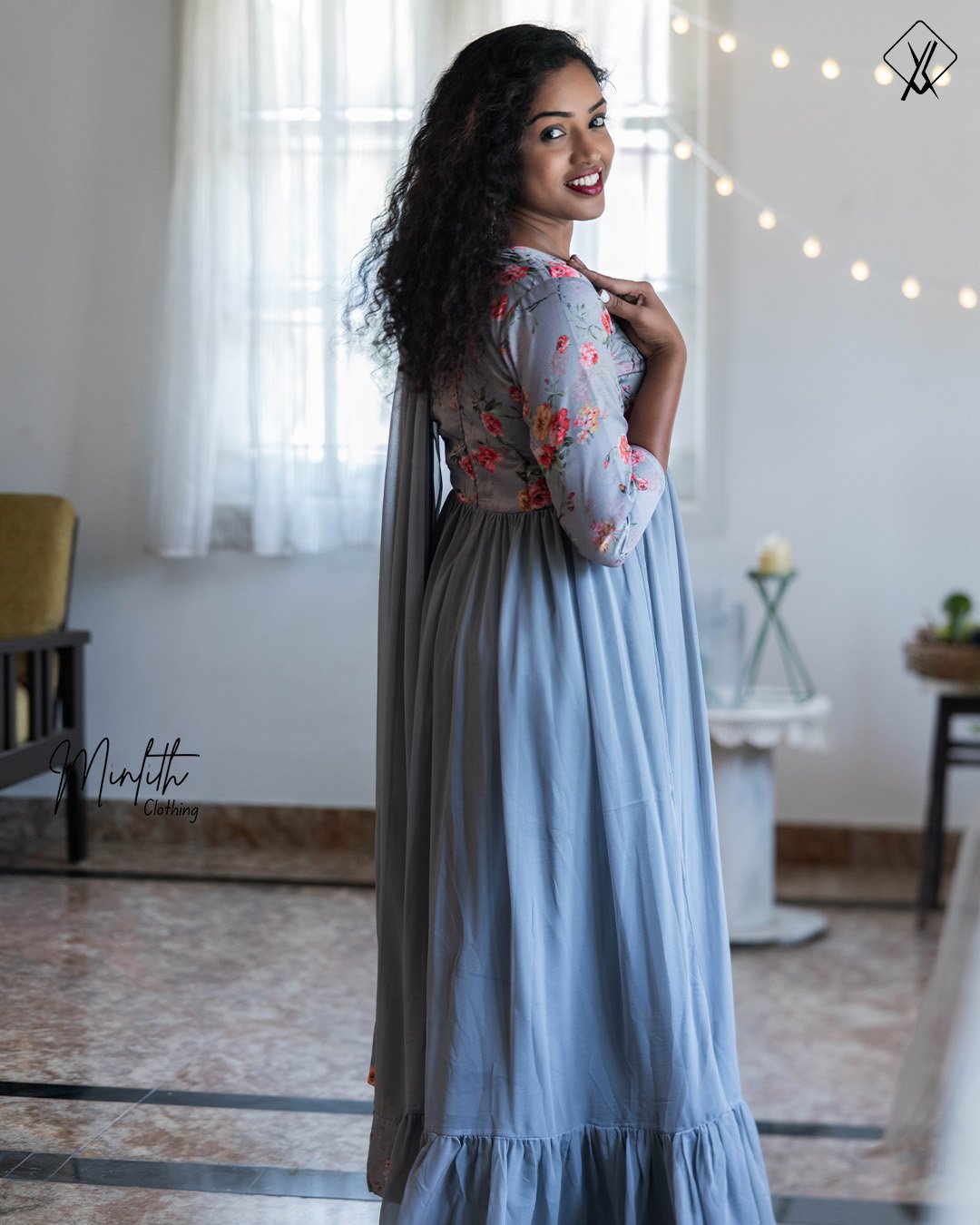 LUNA- Printed Satin Georgette Full Gown with Shawl (Grey)