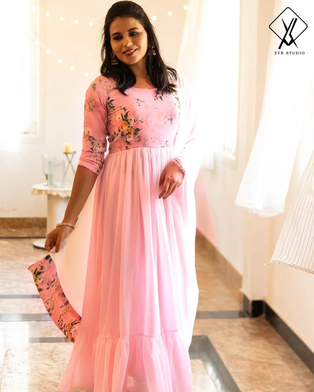 LUNA- Printed Satin Georgette Full Gown with Shawl (Pink)