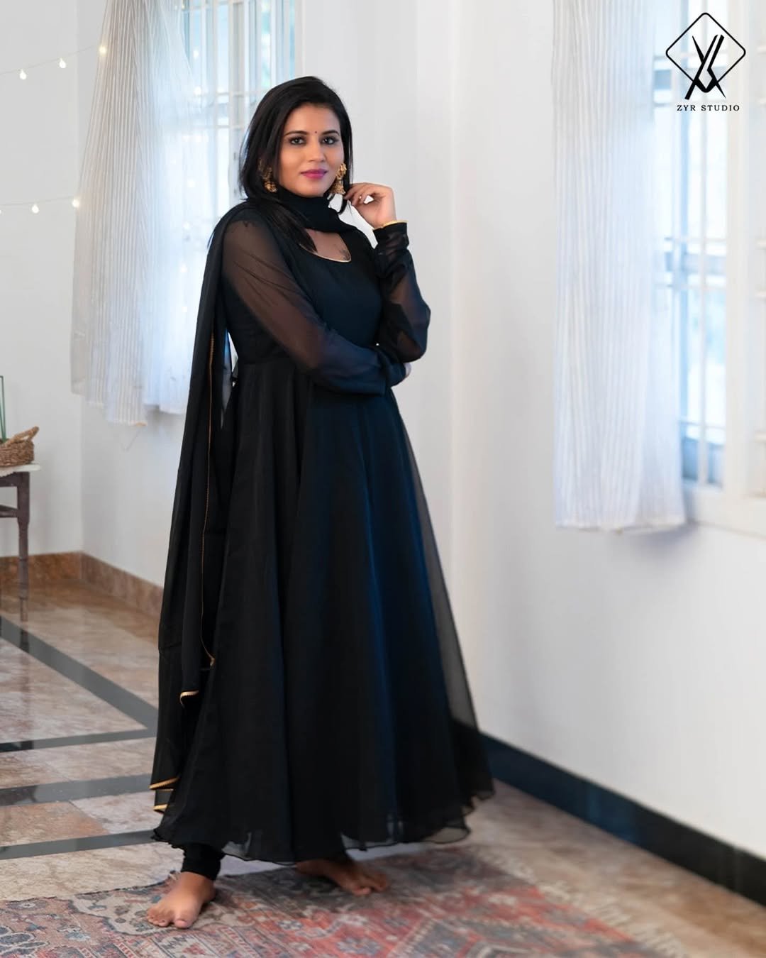 SARA- Geogette Anarkali Lace with Shawl (Black)