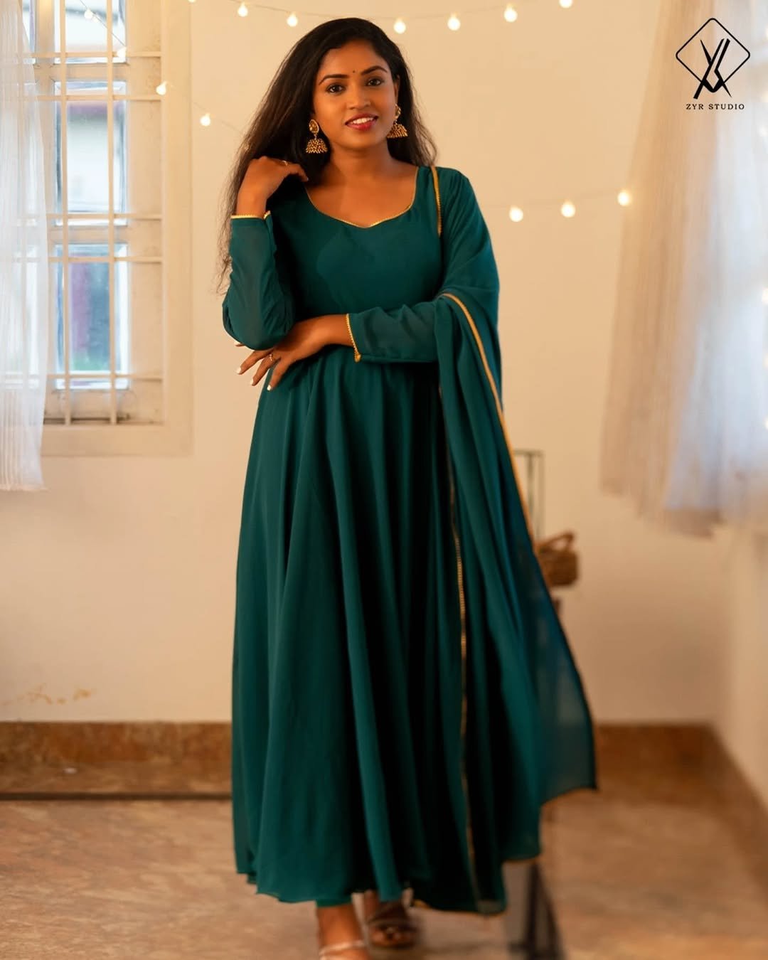 SARA- Geogette Anarkali Lace with Shawl (Bottle Green) - Image 4