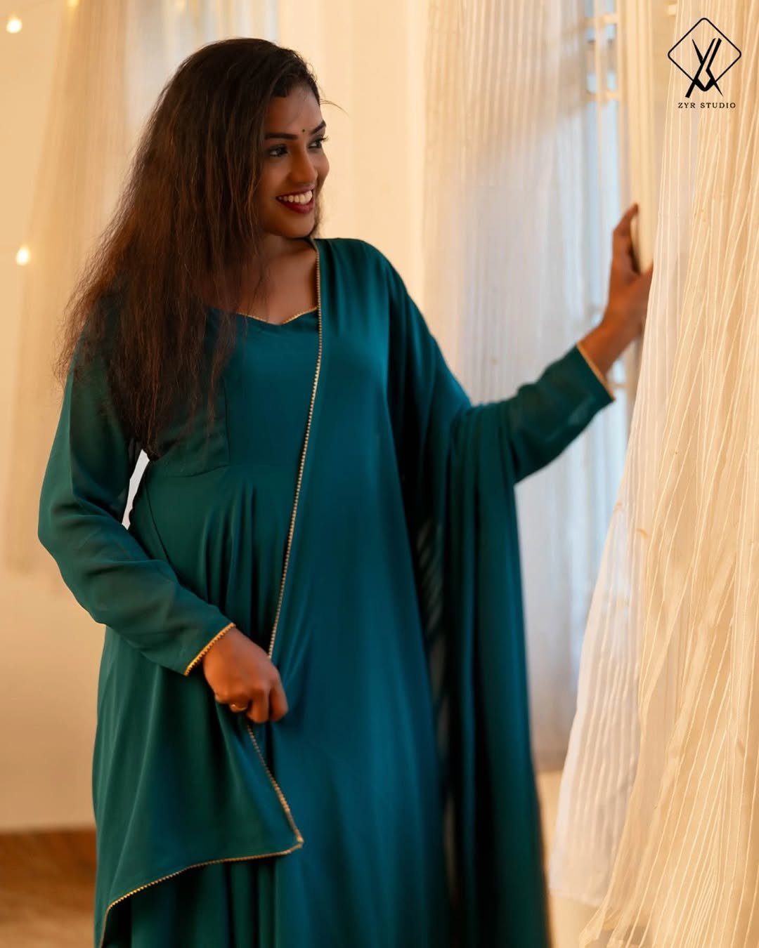 SARA- Geogette Anarkali Lace with Shawl (Bottle Green) - Image 3