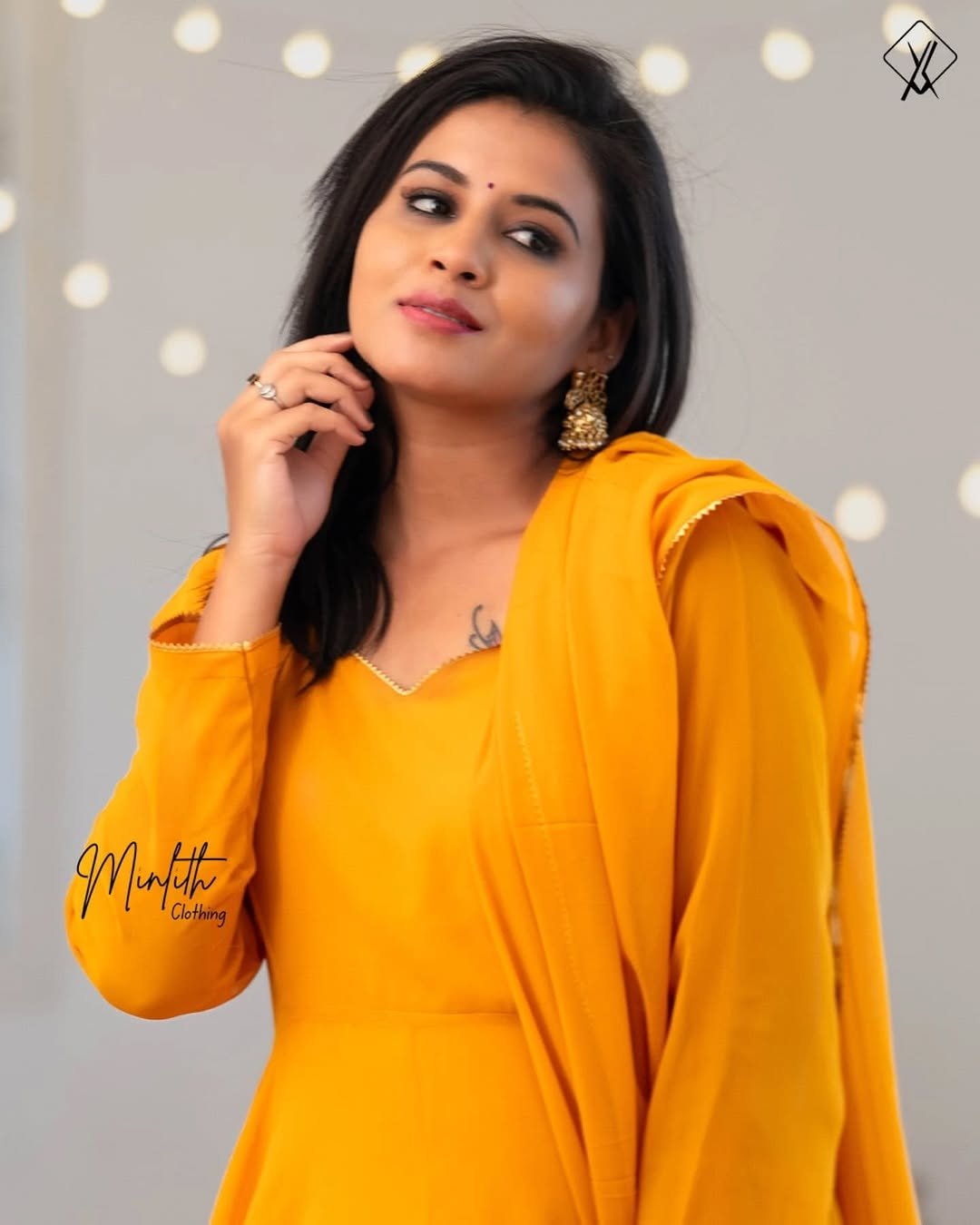 SARA- Geogette Anarkali Lace with Shawl (Mustard Yellow ) - Image 4