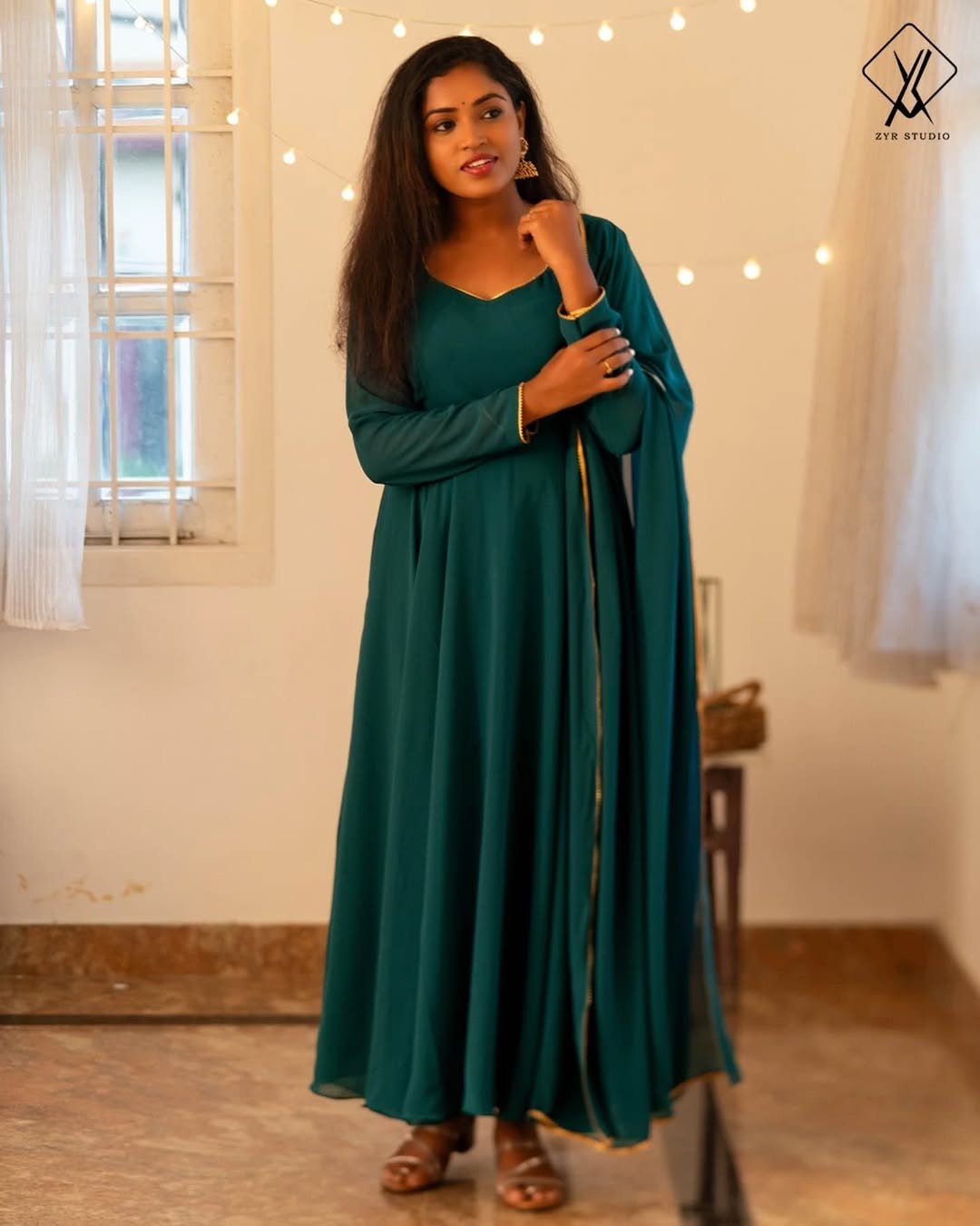 SARA- Geogette Anarkali Lace with Shawl (Bottle Green)