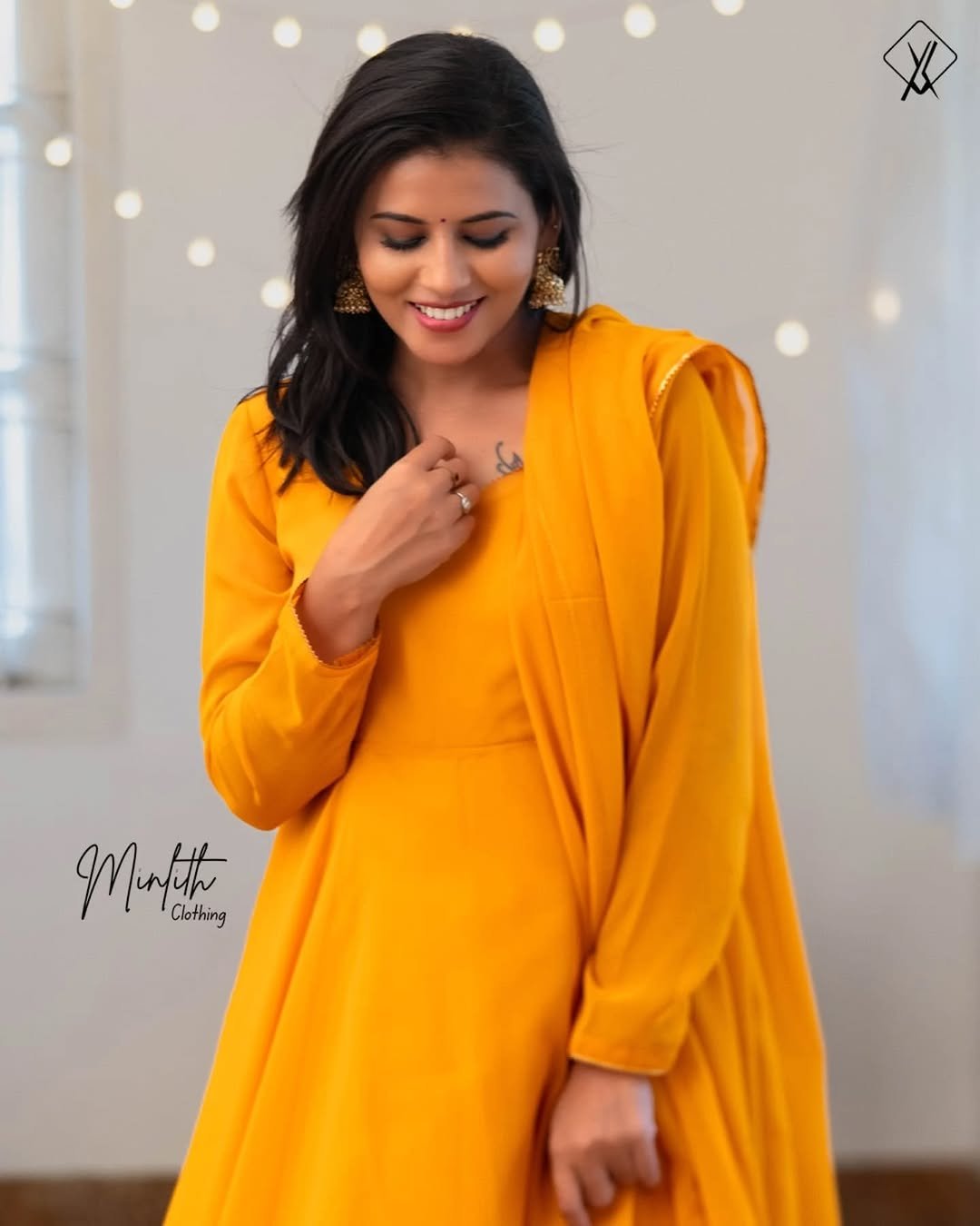 SARA- Geogette Anarkali Lace with Shawl (Mustard Yellow )